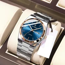 Montre homme POEDAGAR cadran bleu et bracelet acier argenté dans son coffret.
