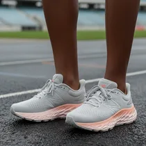 Gros plan des New Balance Fresh Foam X portées par une coureuse sur piste.