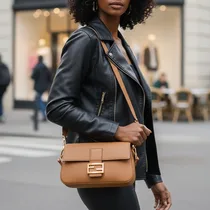 Femme portant le sac Fendi marron en bandoulière dans la rue.