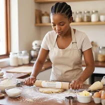Jeune femme utilisant le rouleau en bois pour étaler une pâte à biscuits.
