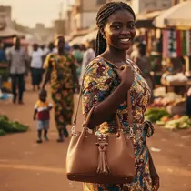 Sac à main marron porté par une femme au Cameroun.