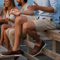 Paire de Sebago marron portée avec un culot décontracté.