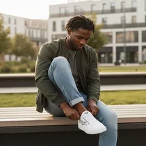 Jeune homme portant les baskets Emporio Armani dans un parc.