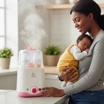 Maman utilisant le chauffe-biberon Dr Gym dans sa cuisine.