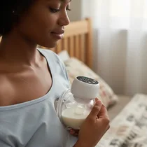 Femme utilisant le tire-lait mains libres MY-376 sous un vêtement.