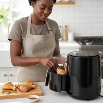 Femme préparant des pilons de poulet avec l'Air Fryer.