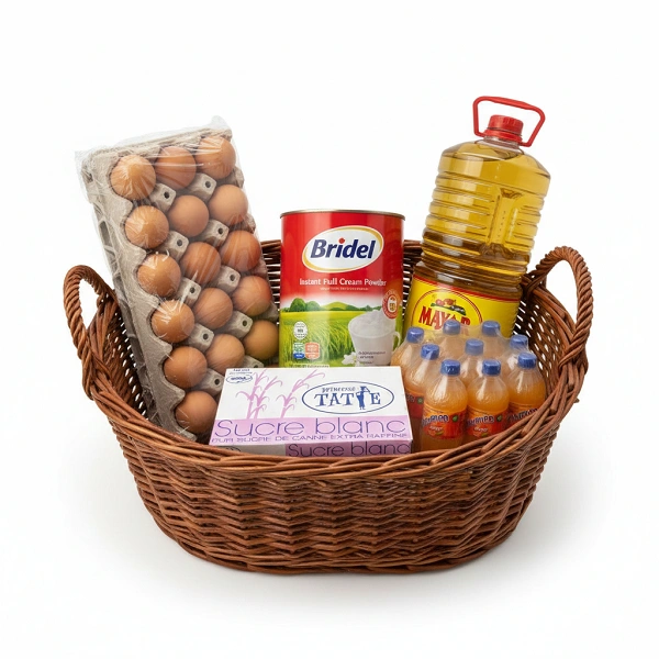 1. Panier tressé contenant du lait Bridel, huile Mayor, œufs et jus pour le Ramadan.