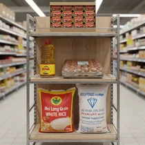 1. Vue d'ensemble du pack Ramadan avec sac de riz, huile, sel, sardines et œufs sur présentoir.