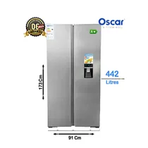 Réfrigérateur américain Oscar 442L OSC-442-SS gris inox avec deux portes verticales, distributeur d'eau et écran tactile.