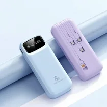 Chargeur portable 20000 mAh avec câbles intégrés Lightning et Type-C.