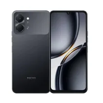 Smartphone Tecno Pop 20 finition noire élégante sous deux angles.
