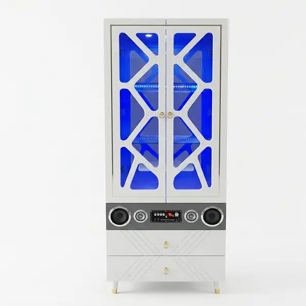 Vaisselier design blanc et gris avec portes vitrées motif X