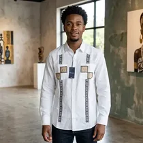 Chemise lin cassé Faconnable homme manches longues broderies noires