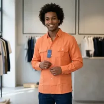 Chemise Tacamoda orange en lin avec deux poches poitrine