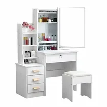 Coiffeuse moderne en bois blanc avec miroir coulissant et tiroirs