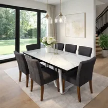Ensemble salle à manger table effet marbre avec 6 chaises tissu gris