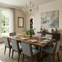 Ensemble salle à manger bois clair avec chaises tissu bleu