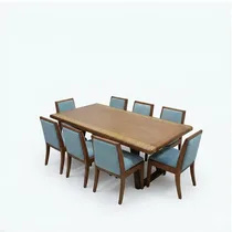 Table rectangulaire bois massif avec 8 chaises bleues