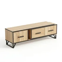 Meuble télé 120 cm avec tiroirs bois clair et poignées métal noir