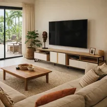 Meuble TV moderne bois clair avec tiroirs blancs design