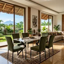 Salle à manger céramique effet marbre + 6 chaises velours vert