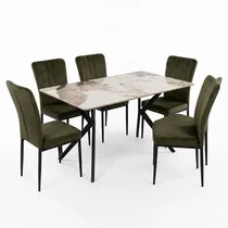 Salle à manger complète avec 6 chaises velours vert