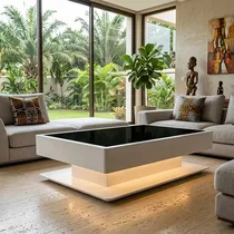 Table basse moderne LED avec plateau en verre fumé dans salon