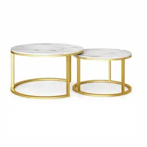Ensemble tables gigognes rondes marbre blanc et métal doré