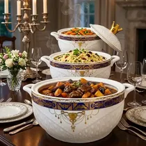 Ensemble de 3 assiettes de service en céramique blanche avec motifs bleus et dorés
