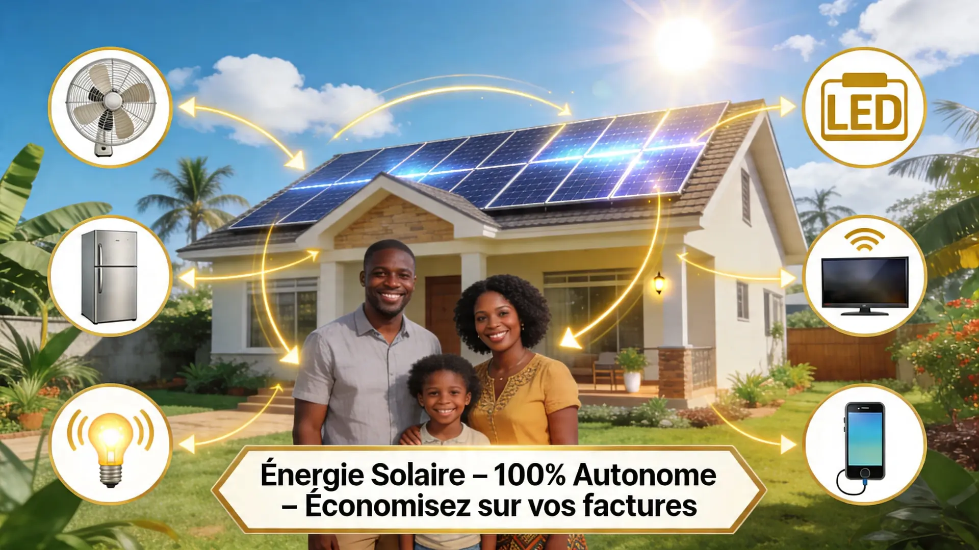 maison familiale alimentée par un kit solaire en journée.