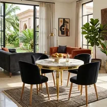 Salle à manger ronde marbre blanc avec chaises modernes
