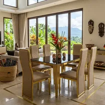 Salle à manger luxe 6 places table verre trempé noir pieds dorés