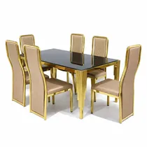 Ensemble salle à manger design 6 chaises simili cuir marron clair structure dorée