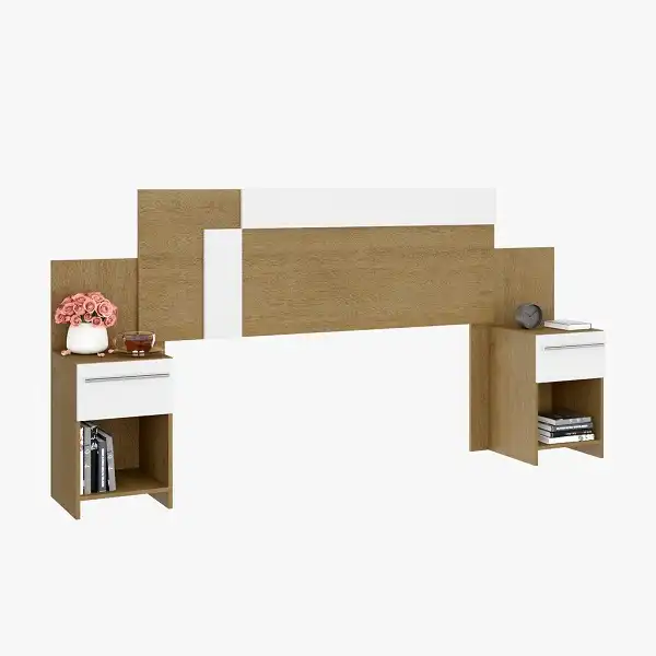 Tête de lit moderne beige et marron clair avec chevets intégrés
