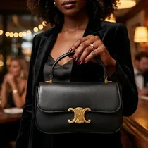 Sac à main Celine Teen Triomphe noir en cuir brillant avec fermoir doré