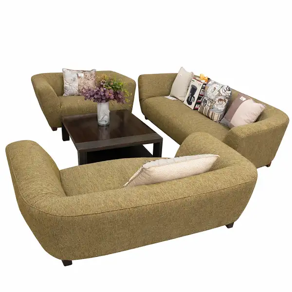Ensemble canapé et fauteuils en tissu texturé vert olive dans un salon contemporain