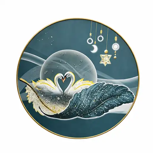 Tableau décoratif rond en verre trempé avec motif cygnes dorés
