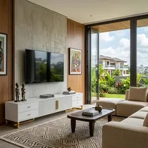 Meuble TV design 175 cm blanc avec pieds dorés élégants