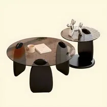 Ensemble Tables Basses Gigognes 2 en 1 Verre Trempé et Bois Laqué