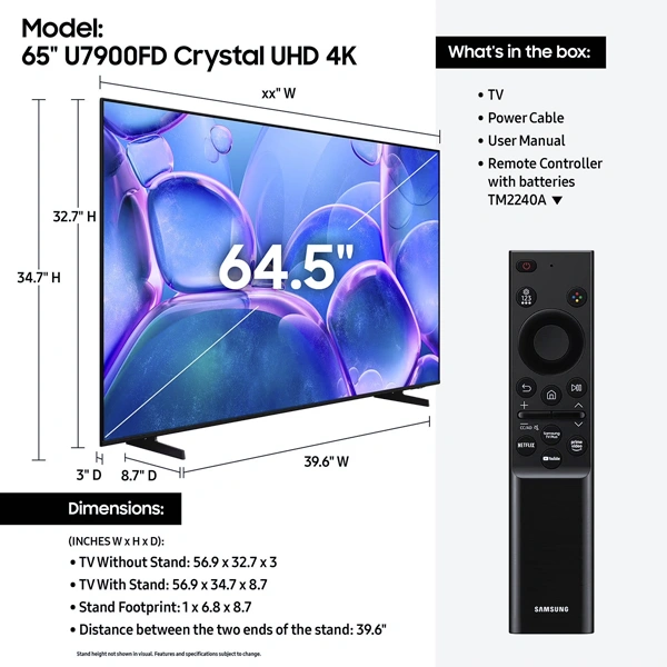 Télécommande Smart TV avec écran 65 pouces affichant menu Netflix et YouTube