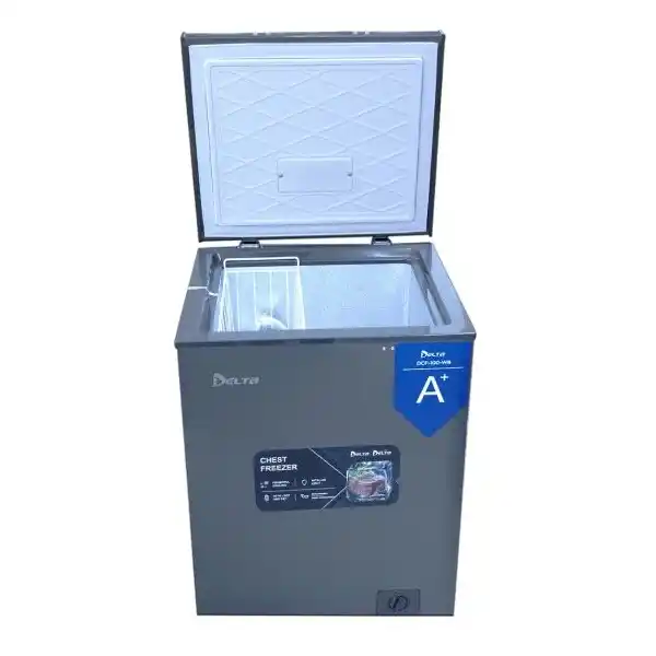 Intérieur du Congélateur Delta DCF-100-WB avec panier de rangement.