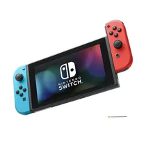 Console Nintendo Switch version européenne avec ses manettes Joy-Con bleu et rouge néon insérées sur les côtés.