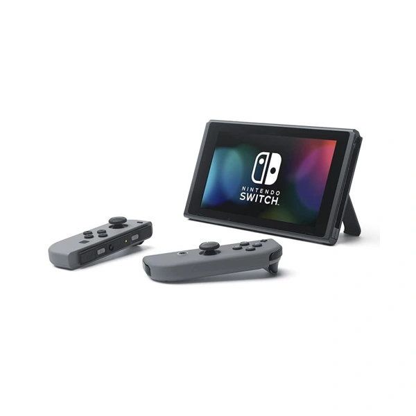 Console Nintendo Switch version européenne avec ses manettes Joy-Con bleu et rouge néon insérées sur les côtés.