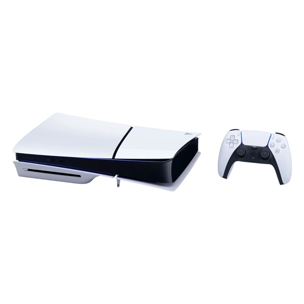 Console PS5 Slim avec manette DualSense blanche.