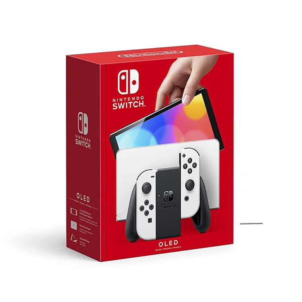 Console Nintendo Switch OLED blanche dotée de son grand écran aux contrastes infinis.