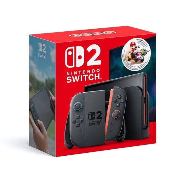 Console Nintendo Switch version européenne avec ses manettes Joy-Con bleu et rouge néon insérées sur les côtés.