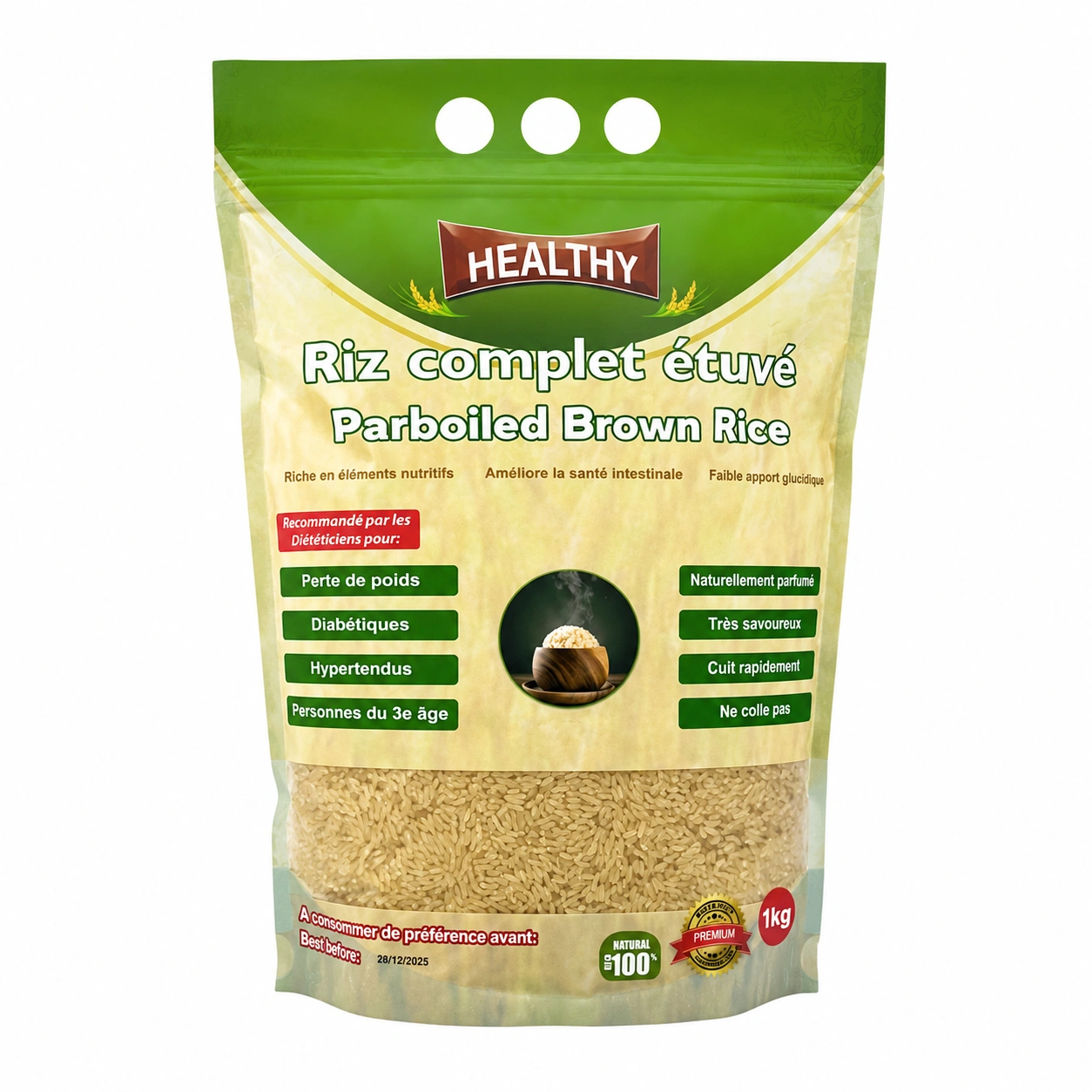 Emballage Riz Complet Étuvé Africa Nature 1kg grains complets naturels