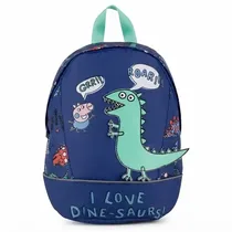 ue de face du sac à dos Peppa Pig George I Love Dinosaurs bleu et violet.