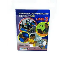 Illustrations d'élèves utilisant ordinateurs et téléphones sur le manuel I.C.T.