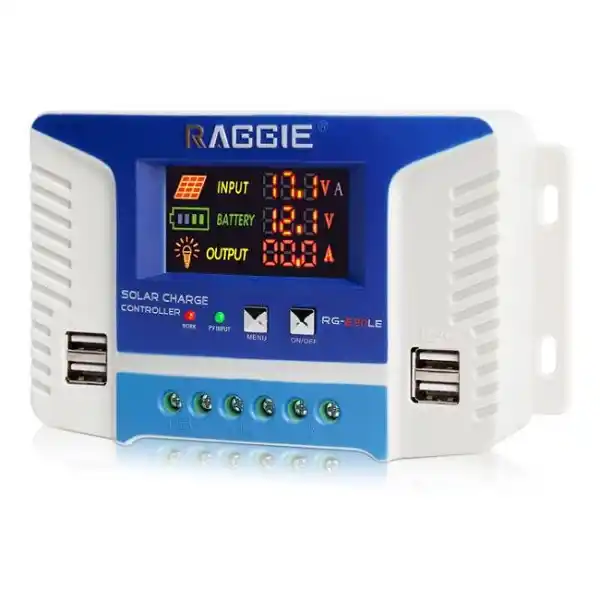 Vue avant du régulateur solaire Raggie RG-630LE 30A compatible 12V et 24V.